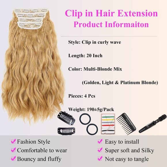 Clip In Hair Extensions Synthetic Curly Wave 20 Inch 4 Pcs Natural Look main image 4